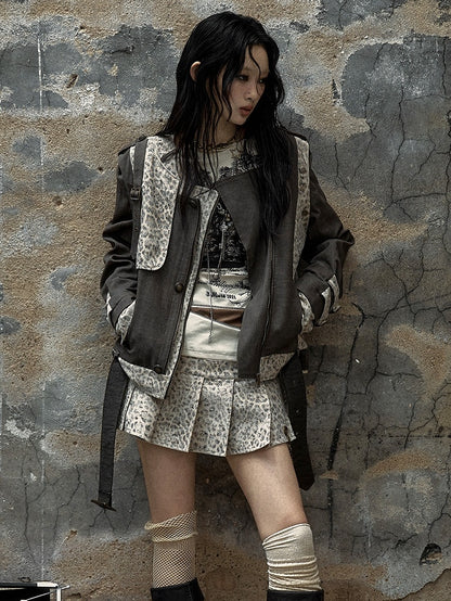 Brown and Gray Punk Streetwear Leopard Jacket with Detachable Sleeves