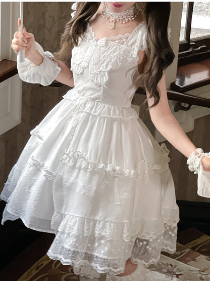 White Flutter Sleeves Butterfly Accent Ruffled Lace Trim Lolita JSK