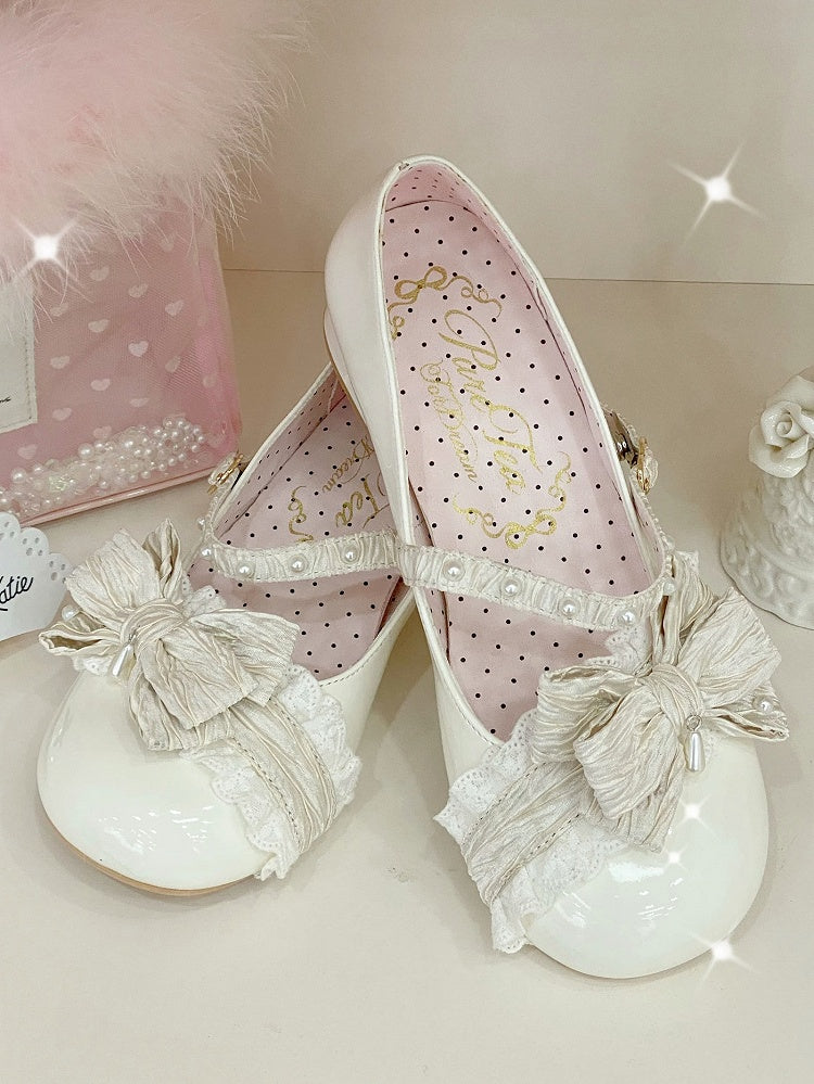 White Beaded Decorated Bow at Top 2.5CM/5CM Block Heels Round Toe Shoes