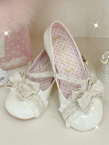 White Beaded Decorated Bow at Top 2.5CM/5CM Block Heels Round Toe Shoes