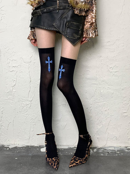 Black/White Y2K Cross Print Overknee Stockings
