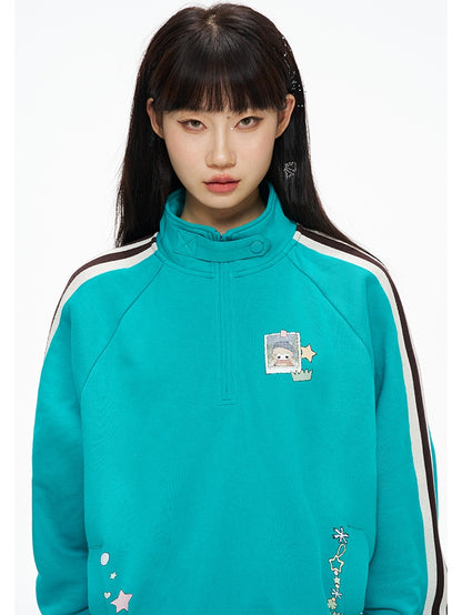 Blue High Neck Sporty Sweatshirt with Side Stripes