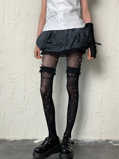 Black Punk Star And Lightning Pattern Tights