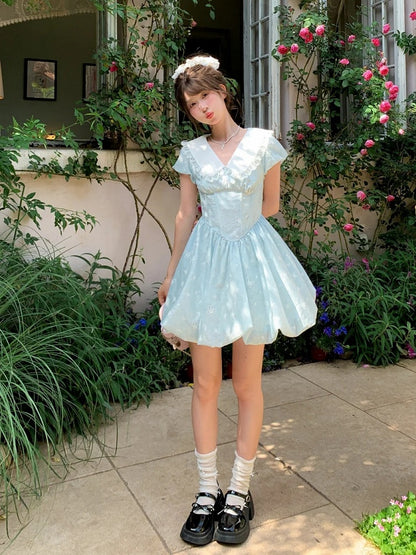 Blue Peter Pan Collar Basque Waist Allover Butterfly Embroidery Dress Bubble Skirt