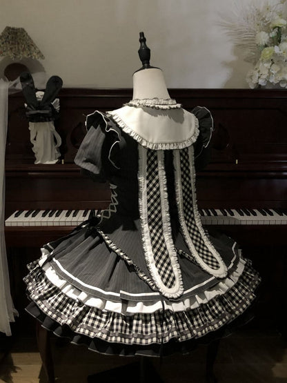 Dark Gray Gothic Lolita Short Sleeves Striped Dress with Bunny Ears at Back Collar