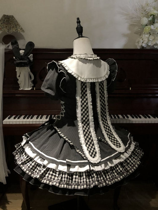 Dark Gray Gothic Lolita Short Sleeves Striped Dress with Bunny Ears at Back Collar