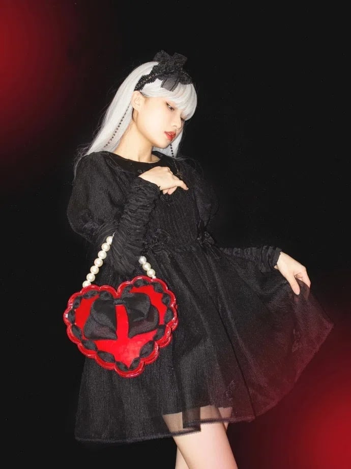 Red Heart-Shaped Lolita Bag with Black Bow & Pearl Handle