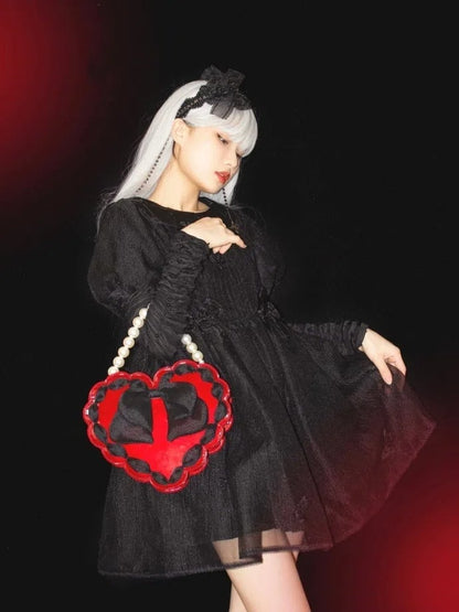 Red Heart-Shaped Lolita Bag with Black Bow & Pearl Handle