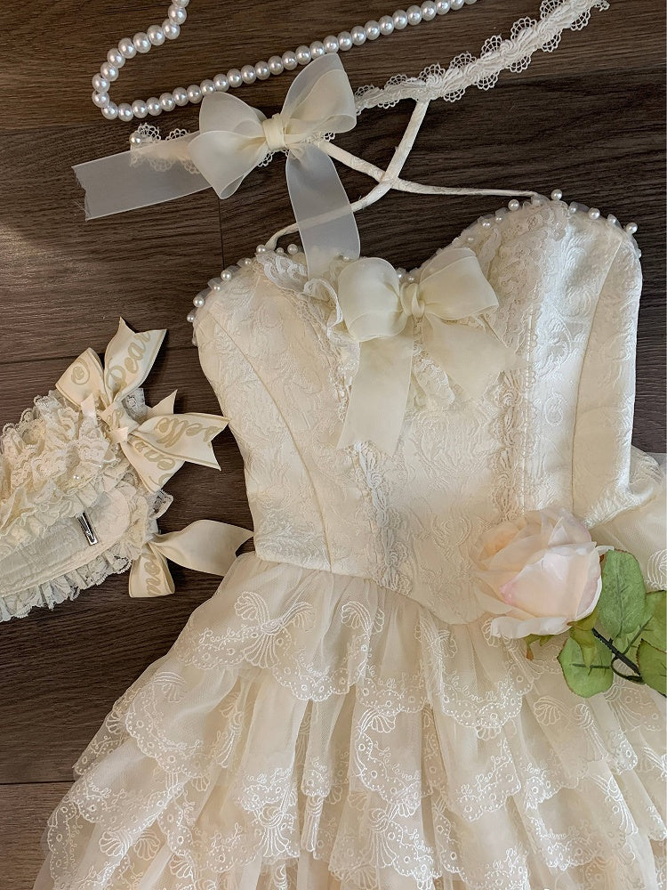 Creamy White Princess Embroidered Scallop Trim Tiered Skirt Lolita Dress