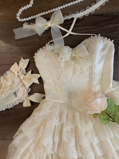 Creamy White Princess Embroidered Scallop Trim Tiered Skirt Lolita Dress