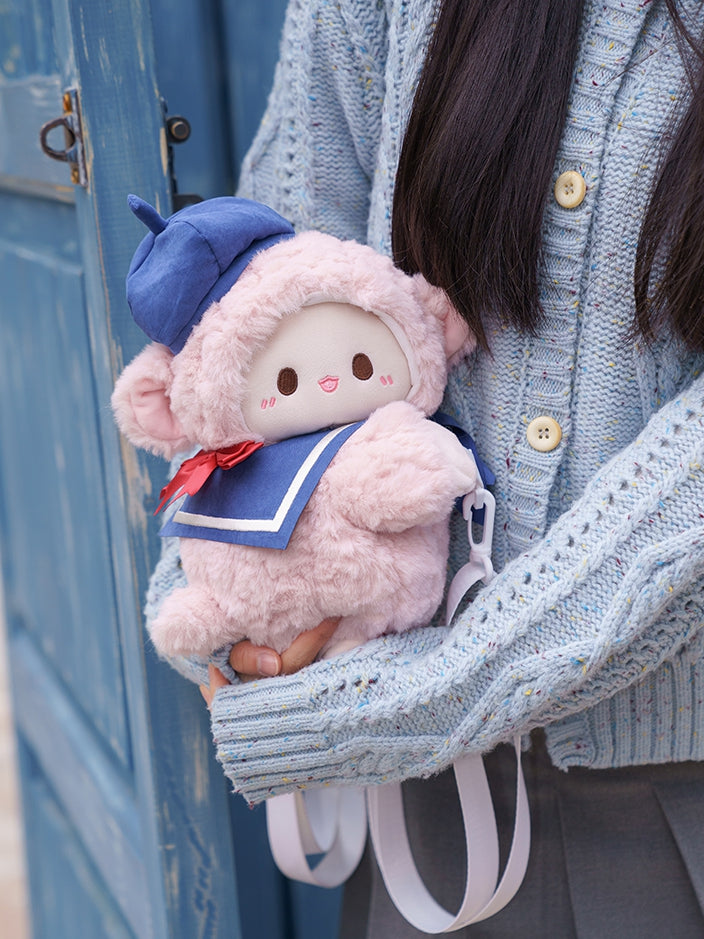 Cute Little Lamb Pink Plush Backpack/Crossbody Bag + Blue Hat + Sailor Collar Middle/Large Size