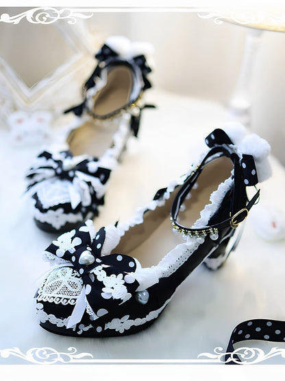 Black Sweet Lolita Bow at Top Plush Bunny Decorated 8CM Block Heels Lolita Shoes