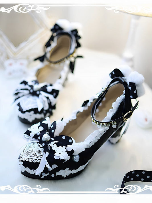 Black Sweet Lolita Bow at Top Plush Bunny Decorated 8CM Block Heels Lolita Shoes