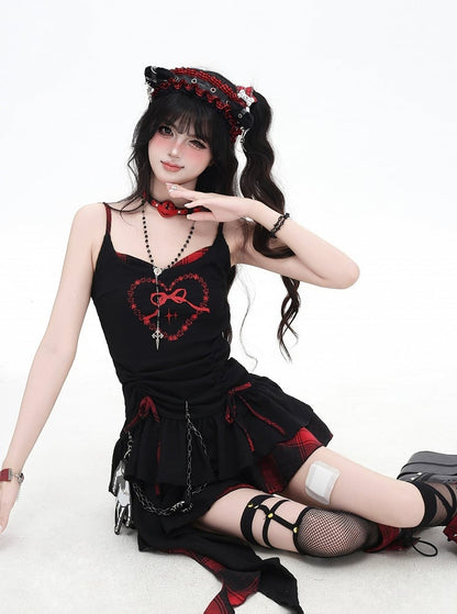 Red and Black Plaid Drawstring Waist Handkerchief Hem Tiered Skirt Cami Dress