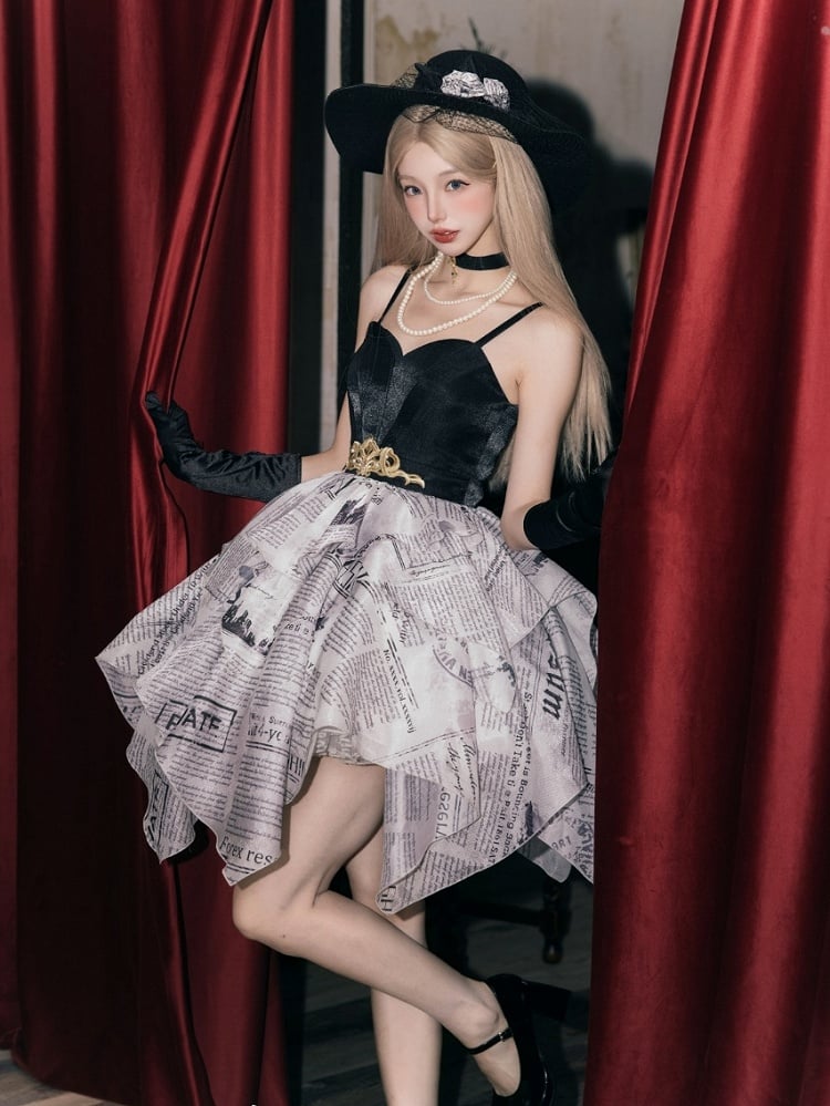 Newspaper Print Layered Handkerchief Skirt Elegant Dress Lolita Jumper Skirt