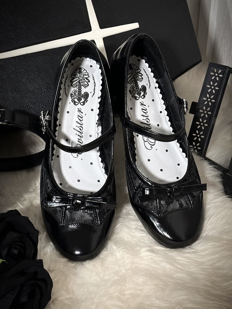 Black Gothic Bow at Top Spiderweb Design Mary Janes