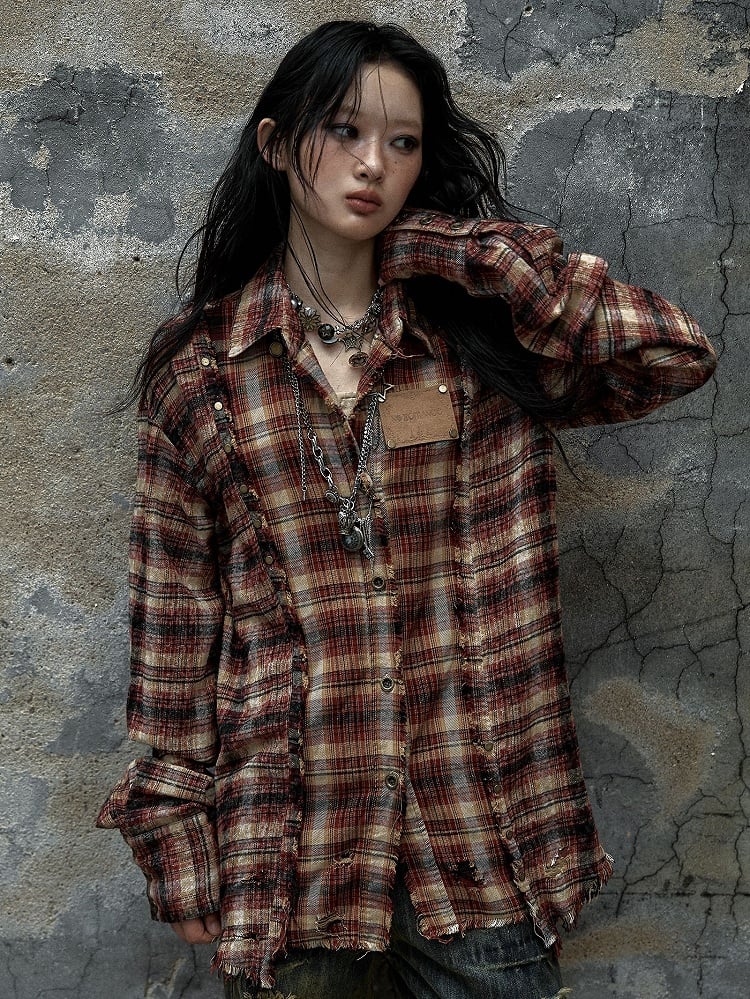 Red and Brown Plaid Punk Faded Wash Shirt Frayed Hem