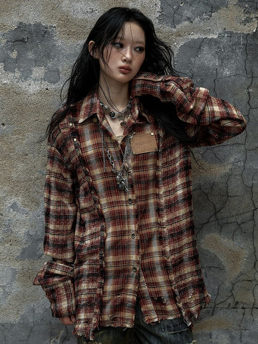 Red and Brown Plaid Punk Faded Wash Shirt Frayed Hem