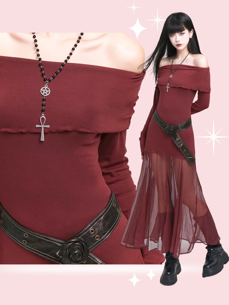 Wine Red Semi-sheer Off-the-shoulder Neckline Glamorous Dress