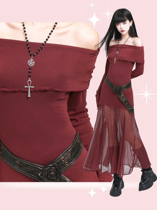 Wine Red Semi-sheer Off-the-shoulder Neckline Glamorous Dress
