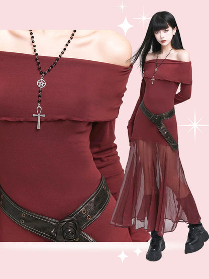 Wine Red Semi-sheer Off-the-shoulder Neckline Glamorous Dress