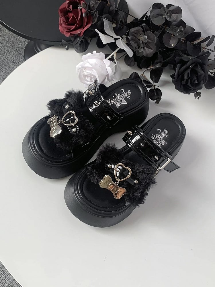 Bone Design Studs Decorated Black Punk Platform Slippers