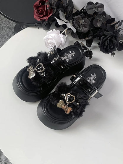 Bone Design Studs Decorated Black Punk Platform Slippers
