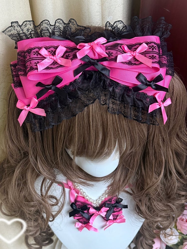 Rose Red Lace Trim Bowknot Hairclip + Bowknot Details Beaded Necklace