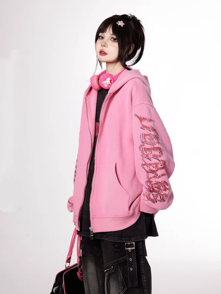 Pink Letter Print Sleeves Zip-up Hoodie for Autumn