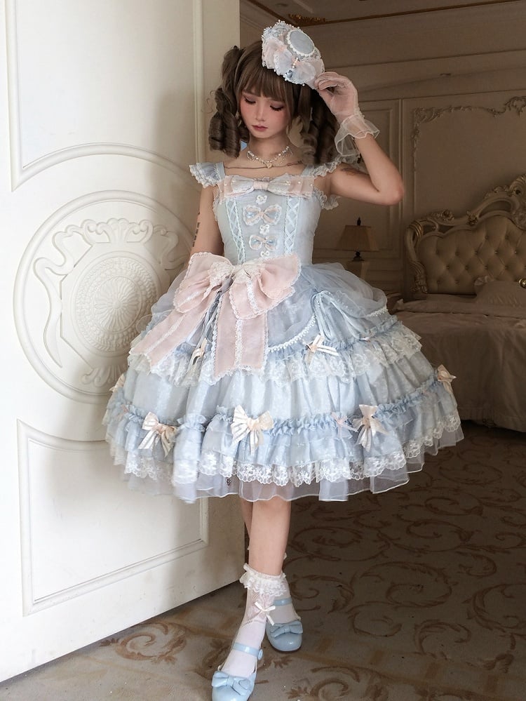 Pink Bow Accents Light Blue Natural Waist Hime Lolita Dress