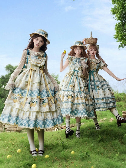Blue & Yellow Lemon and Rabbit Print Country Lolita Dress with Plaid Pattern and Ruffled Layers