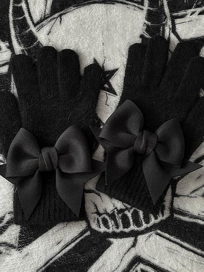 Black Gothic Bowknot Cutout Details at Finger Pads Gloves