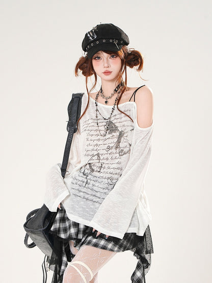 Butterfly Print Asymmetrical Neckline Khaki/White Semi-sheer Coverup