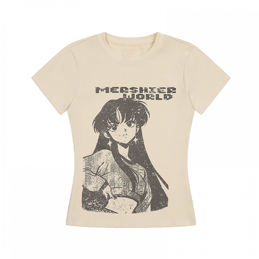 Vintage Anime Girl Print Apricot Round Neck Slim-fitting T-shirt