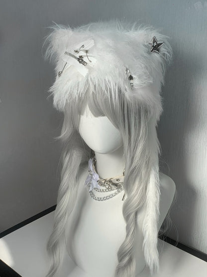Black/White Pins and Zippers Accents Cat Ear Plush Hat