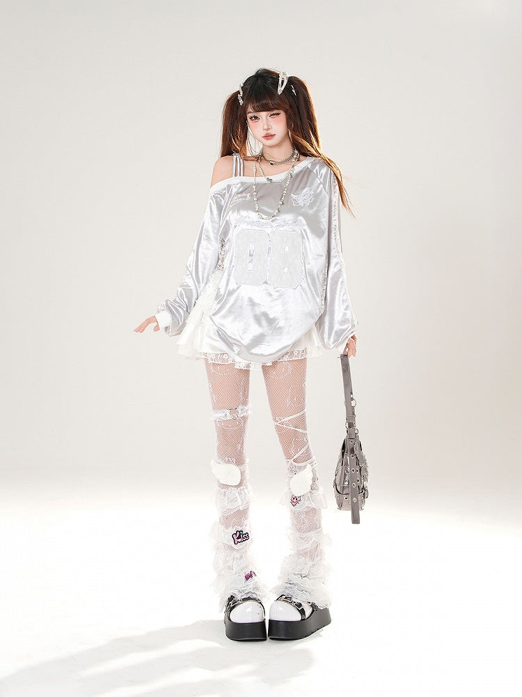 Asymmetrical Neckline Butterfly Embroidery Lace Patches Black/Silver Top