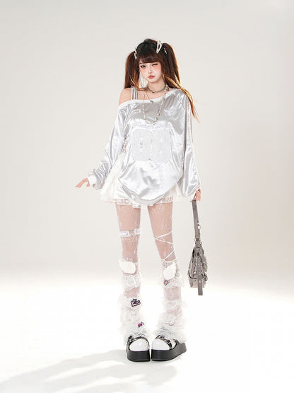 Asymmetrical Neckline Butterfly Embroidery Lace Patches Black/Silver Top