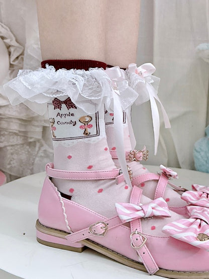 Pink Lolita Polka-dot Pattern Bowknot Details Lace Ruffled Cuffs Calf Socks With Pearls