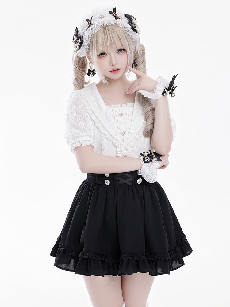 Jirai Kei Sailor Collar White Short Sleeves Blouse Bowknot and Sweetheart Rhinestone Decorations