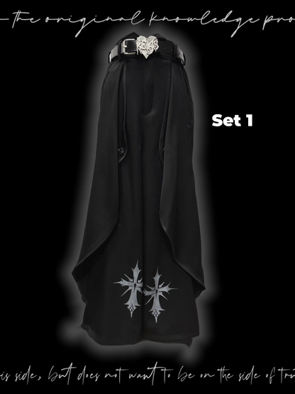 Black Cross Print Asymmetrical Hem Wide-Leg Pants