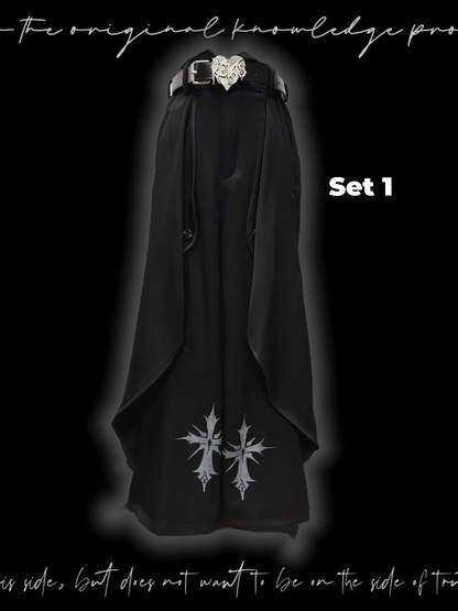 Black Cross Print Asymmetrical Hem Wide-Leg Pants