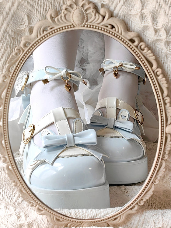 Polished Blue Sweet Lolita Heart Details Bunny Ear Bow at Top T-strap Platforms