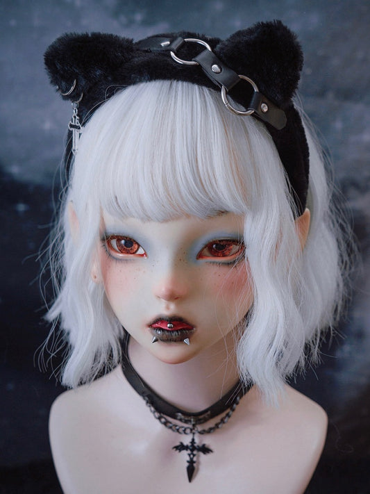 Cross Charm Black Gothic Plush Kitty Ears KC
