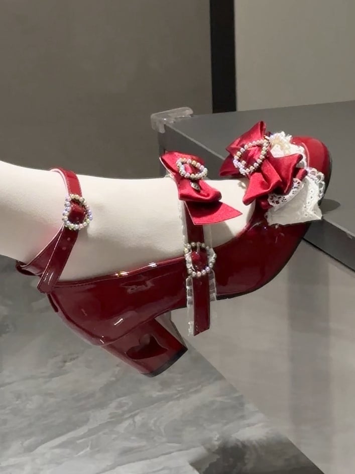 Wine Red Bow at Top Heart Cut-out Heels Mary Janes