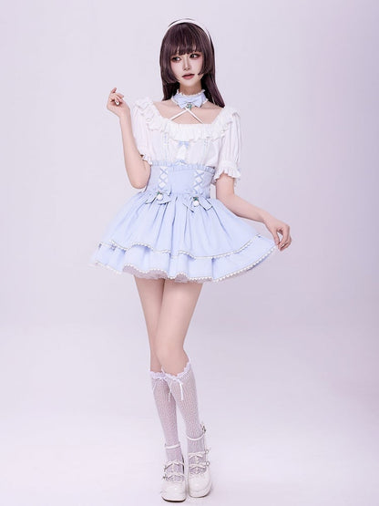 White Square Neckline with Blue Choker Halter Neck Jirai Kei Short Sleeves Blouse