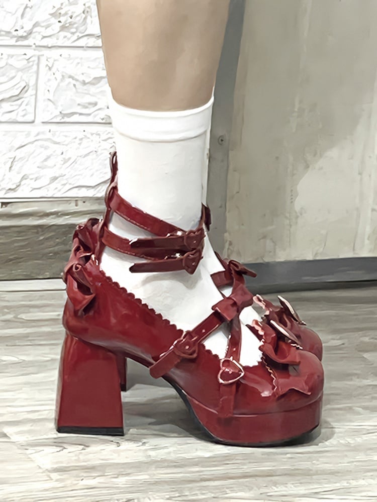 Wine Red Sweetheart and Bow Accents Sweet Lolita Platform High Block Heels