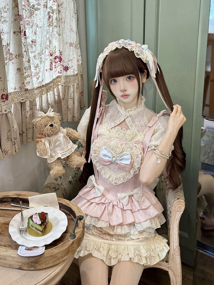 Pink and Blue Bow Accents Sweet Lolita Full Set - Cami Top + Skirt + Puff Sleeves Cropped Top