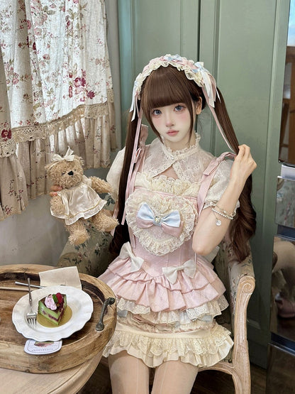 Pink and Blue Bow Accents Sweet Lolita Full Set - Cami Top + Skirt + Puff Sleeves Cropped Top