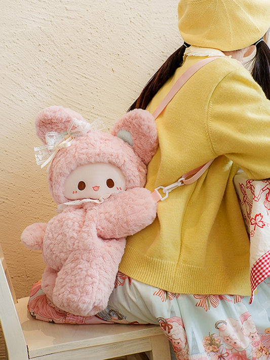 Pink Rabbit Bowknot Lace Details Plush Backpack Small/Middle/Large Size