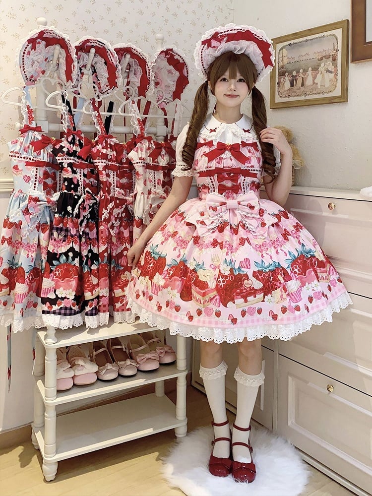 Strawberry and Dessert Print Pink Sweet Lolita Dress